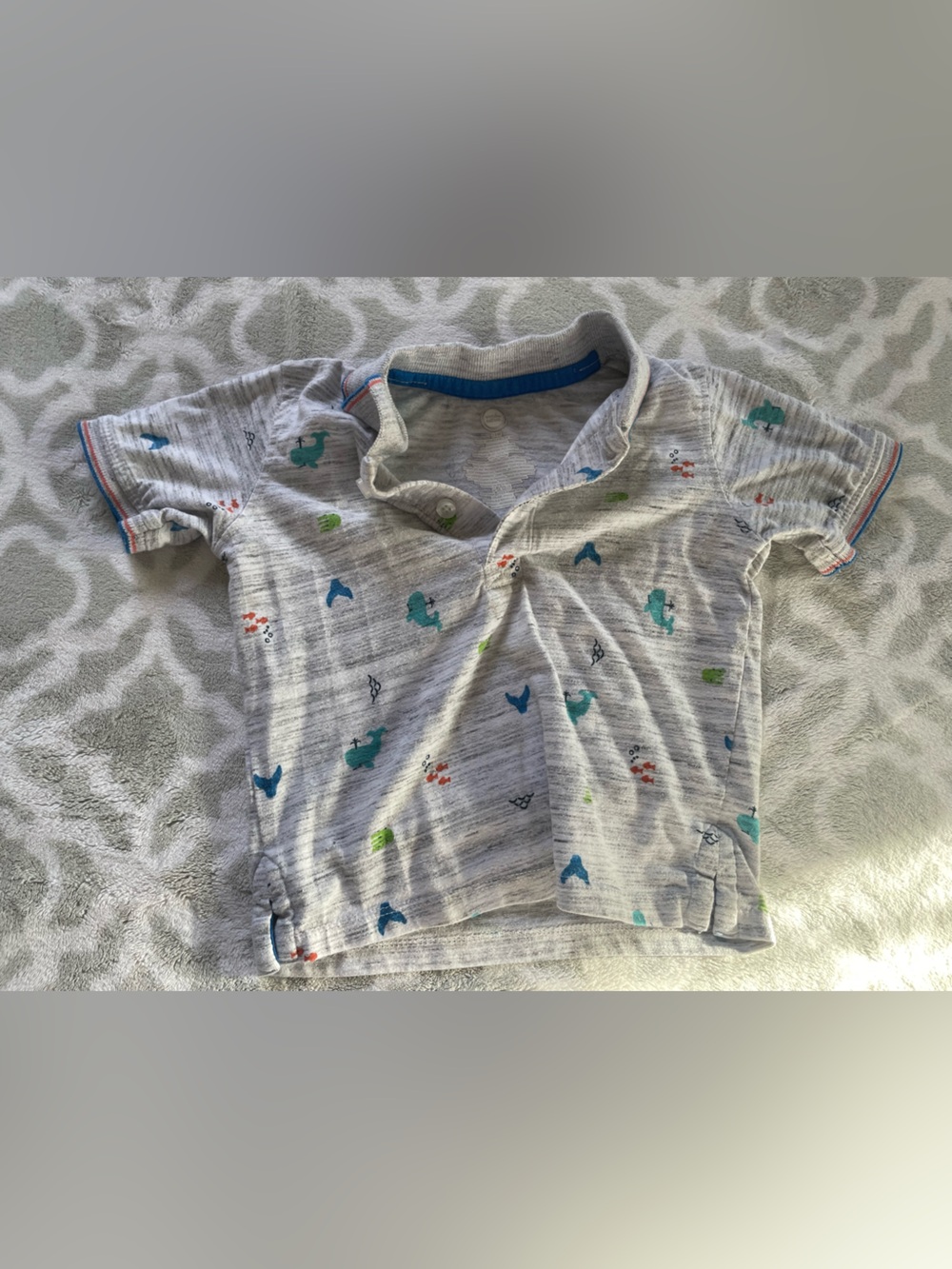 wonder nation Light Gray Striped Polo with Teal & Blue Dino Prints
